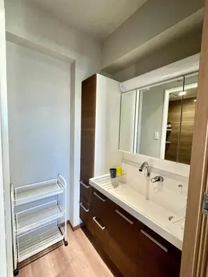 a bathroom with a sink and a mirror at \u4f4d\u4e8e\u4e1c\u4eac\u6c5f\u6237\u5ddd\u533a\u4e1c\u5c0f\u5ca9\u662f\u9002\u5408\u5bb6\u5ead\u4e0e\u670b\u53cb\u56e2\u4f53\u5165\u4f4f\u7684\u6574\u5957\u65e5\u5f0f\u6c11\u5bbf in Tokyo