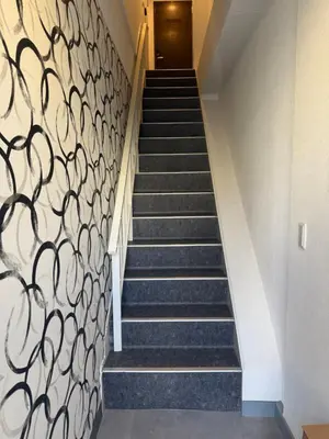 a staircase with blue carpet and a wall with a mural at The Asakusa Townhouse in Tokyo