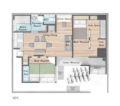 a floor plan of a small house at Yuka House Komagome 1\u968e \u81ea\u8ee2\u8eca\u4ed8 \u304a\u3082\u3061\u3083\u3068\u843d\u66f8\u304d\u58c1\u306e\u30d7\u30ec\u30a4\u30eb\u30fc\u30e0 \u5bb6\u65cf\u5411\u3051 in Tokyo