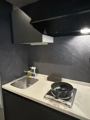 a kitchen with a sink and a frying pan on a stove at Domo Stay in Tokyo