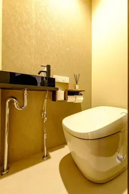 a bathroom with a white toilet and a sink at Yolo Asakusa Stay in Tokyo