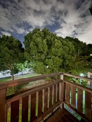 a wooden deck with trees in the background at Runbull House in Tokyo