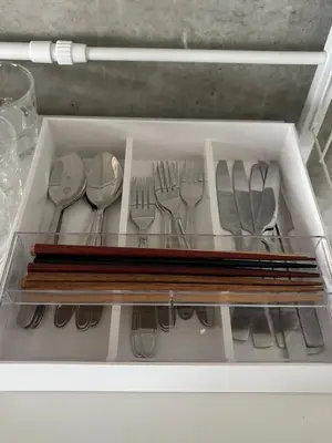 a drawer filled with utensils in a refrigerator at Tkm\u767d\u91d15\u4e01\u76ee in Tokyo