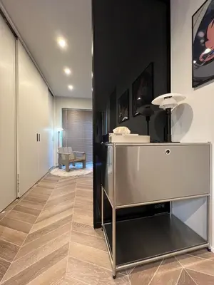 a room with a hallway with a table and a couch at Koenji Designer House, 3 bedrooms,100m2, 5min to Shinjuku in Tokyo