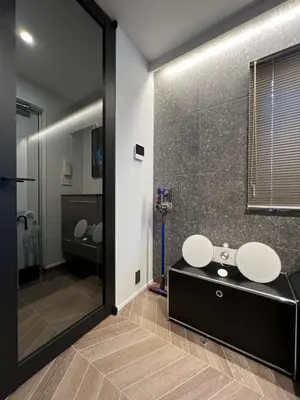a bathroom with a sink and a glass shower at Koenji Designer House, 3 bedrooms,100m2, 5min to Shinjuku in Tokyo