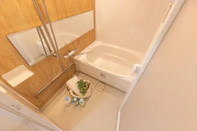 an overhead view of a bathroom with a shower and a sink at KOKORO INN TOKYO 5-minute walk to Senso-ji Temple Four-story private house with two bathrooms luxury stay in Tokyo