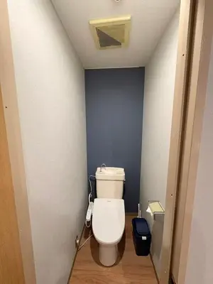 a bathroom with a white toilet and a blue wall at \u30a2\u30e0\u30db\u30fc\u30e0 in Tokyo