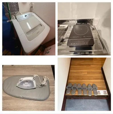 a collage of four pictures with a stove and shoes at KENKOU Room -\u5065\u5eb7\u30eb\u30fc\u30e0 \u6771\u4eac\u83ca\u5ddd- in Tokyo