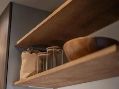 a wooden shelf with wine glasses on it at HAN'S EBISU Hanare - Shibuya - Entire Renovated House in Tokyo