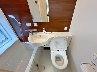 a small bathroom with a toilet and a sink at Tokyo Skytree\u591c\u666f 5\u5957\u885b\u6d74 5\u9593\u5957\u623f \u5730\u94355\u5206 \u76f4\u9054\u8868\u53c3\u9053 \u6a5f\u5834 \u6d17\u8863\u6a5f V444D in Tokyo