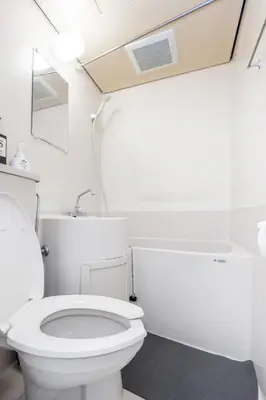 a bathroom with a white toilet and a mirror at 8 minutes on foot from Ikebukuro, 6 minutes on foot from Kanamecho Station, Maximum 2 people, Direct to Tokyo, Shinjuku, Shibuya, Ueno 102 in Tokyo