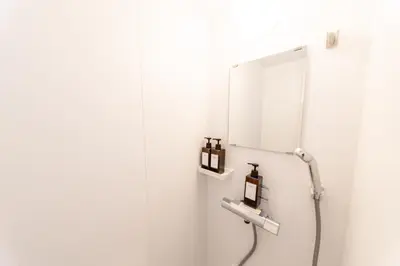 a shower in a bathroom with a mirror at Seven's Inn Takaramachi in Tokyo