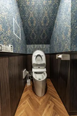 a bathroom with a toilet with blue wallpaper at tsukiji 2min,V101,Ginza 10min in Tokyo