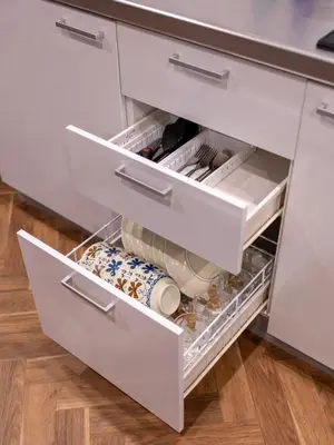 an open drawer in a white kitchen with at tsukiji 2min,V101,Ginza 10min in Tokyo