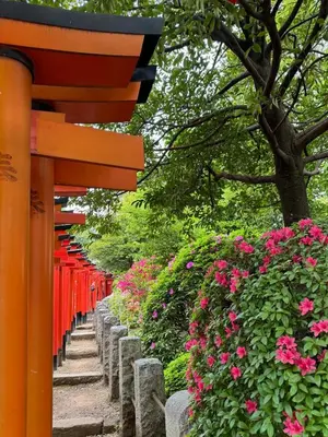 an orange torii gate in a garden with pink flowers at HanaStay-Tokyo Ueno 2 Stops in Tokyo
