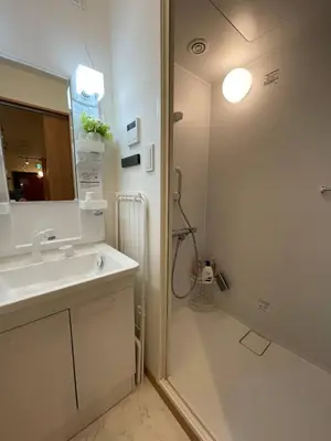 a bathroom with a sink and a shower with a mirror at \u4e0b\u753a\u65b0\u5c0f\u5ca9\u7f8e\u5e78\u30cf\u30a6\u30b9101 in Tokyo