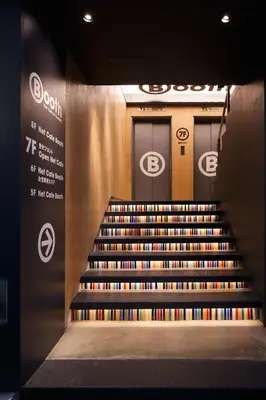 a set of stairs with doors in a building at Booth Netcafe & Capsule in Tokyo