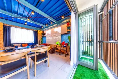a dining room with a table and a large window at 3 min walk from Sangenjaya Sta, 90square meters, Bouldering in Tokyo