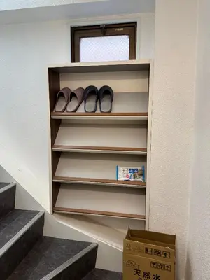 a pair of shoes sitting on shelves in a room at The Asakusa Townhouse in Tokyo