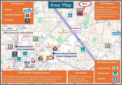 a map of aza map with various attractions at Lulu House 3BDR Room! Near Skytree in Tokyo