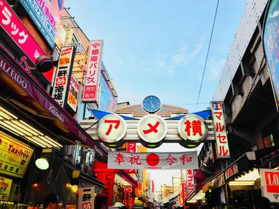a group of signs on a street in a city at APA Hotel Keisei Ueno Ekimae in Tokyo