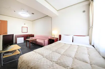 a hotel room with a large bed and a tv at Shinjuku Urban Hotel in Tokyo