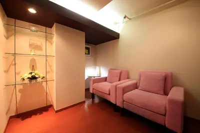 a waiting room with two pink chairs and a table at Shinjuku Urban Hotel in Tokyo