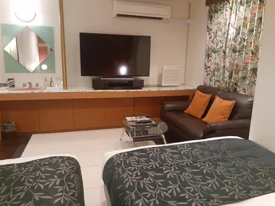 a living room with a couch and a flat screen tv at Hotel Moana Otsuka (Adult Only) in Tokyo
