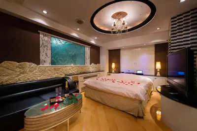 a bedroom with a bed and a couch and a television at HOTEL PAL Otsuka -Adult Only- in Tokyo