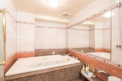 a bathroom with a tub and a large mirror at HOTEL PAL Otsuka -Adult Only- in Tokyo