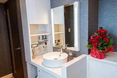 a bathroom with a sink and a vase of red flowers at HOTEL ATLAS Shinkabukicho (Adult Only) in Tokyo