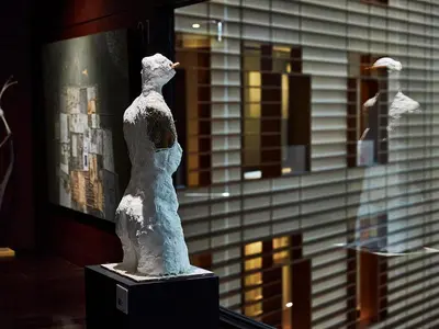 a statue of a polar bear sitting on a table at Park Hotel Tokyo in Tokyo