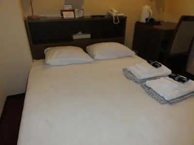 a bed with two towels sitting on top of it at Hotel Yanagibashi in Tokyo