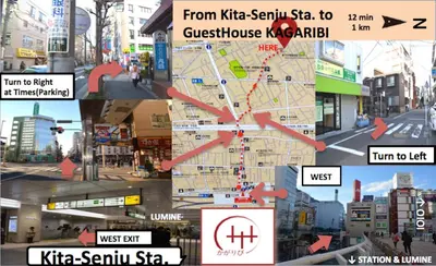 a collage of photos of a city map at Kagaribi Guesthouse in Tokyo