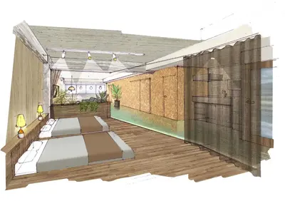 a rendering of a living room with a bed in it at DENCHI TOKYO - Private Designer Stay in Asakusa in Tokyo