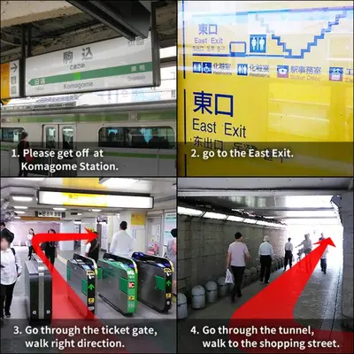 a collage of four pictures of a train station at Base Inn Komagome Tokyo in Tokyo