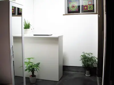 a white desk with two potted plants in a room at Keys House in Tokyo