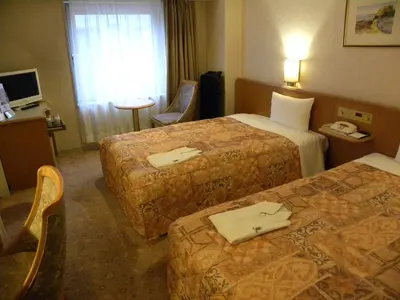 a hotel room with two beds and a television at Hotel New Green Okachimachi in Tokyo