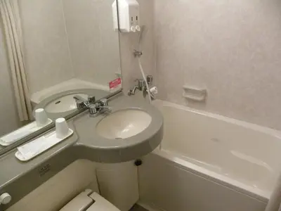 a bathroom with a sink and a toilet and a tub at Hotel New Green Okachimachi in Tokyo