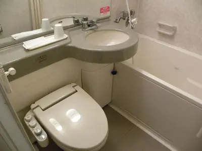 a small bathroom with a toilet and a sink at Hotel New Green Okachimachi in Tokyo