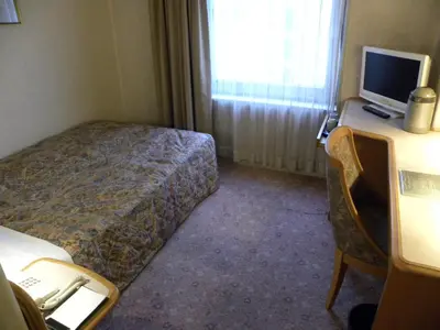 a hotel room with a bed and a desk with a computer at Hotel New Green Okachimachi in Tokyo
