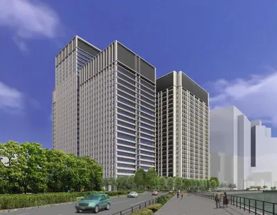 a rendering of a tall building with cars in front of it at Ascott Marunouchi Tokyo in Tokyo