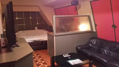 a living room with a couch and a bed at Hotel Sting in Tokyo
