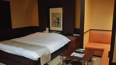 a bedroom with a bed and a chair and a table at Hotel Sting in Tokyo