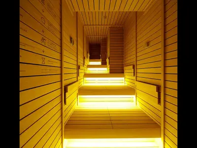 an empty sauna with wooden walls and wooden floors at Do-C Gotanda in Tokyo
