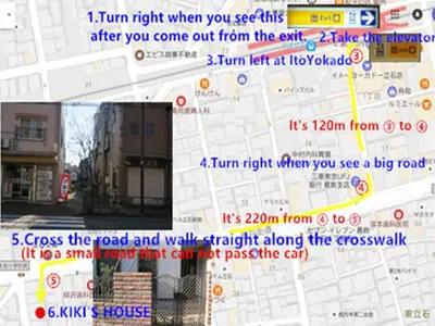 a screenshot of a cell phone with a map at Kiki HouseH --Self Check-in -- Room Number & Password is in the following email in Tokyo