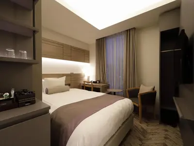 a hotel room with a bed and a desk at Nihon Seinenkan Hotel in Tokyo