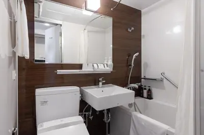 a bathroom with a toilet and a sink and a mirror at Hotel Rose Garden Shinjuku in Tokyo