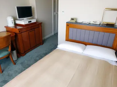a bedroom with a bed and a desk with a television at Hotel East 21 Tokyo in Tokyo
