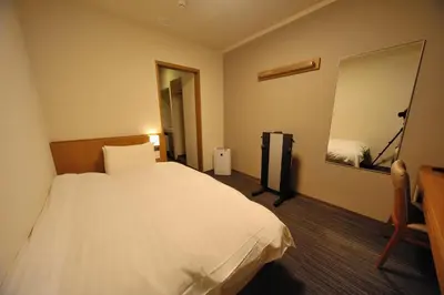 a bedroom with a white bed and a mirror at Dormy Inn Express Meguro Aobadai Hot Spring in Tokyo